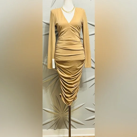Bardot (NWT) SZ S gold dress w/ruching, bust 34”-36”, waist 26”-32” - Picture 2 of 7